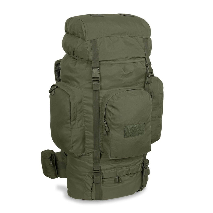 Großer olivgrüner MIL-TEC RECOM Wanderrucksack mit mehreren Fächern, gepolsterten Trägern und robustem taktischem Design für Trekking.