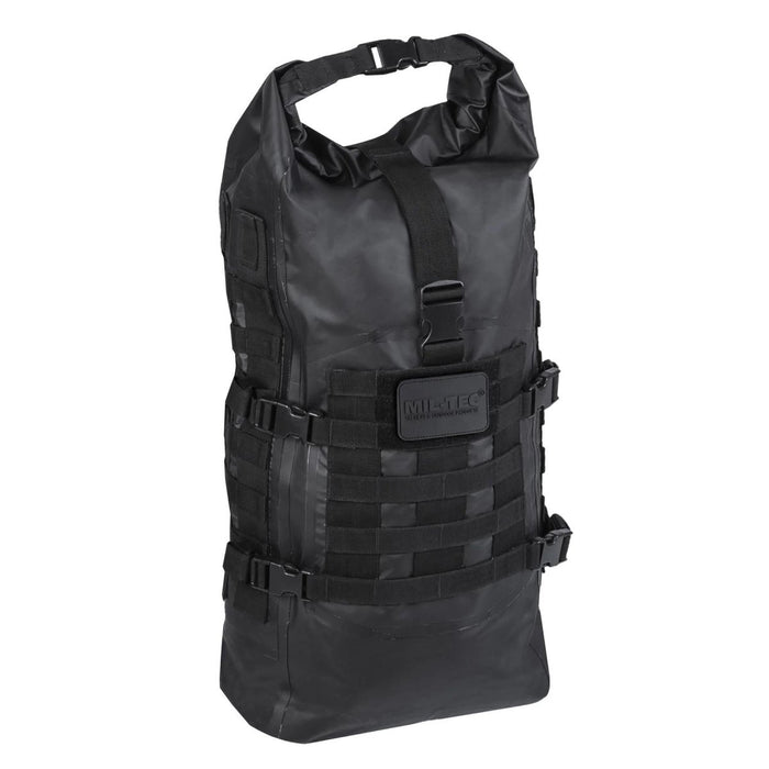Zaino tattico roll-top impermeabile MIL-TEC SEALS nero con capacità di 35 litri e cinghie in tessuto MOLLE per uso esterno.