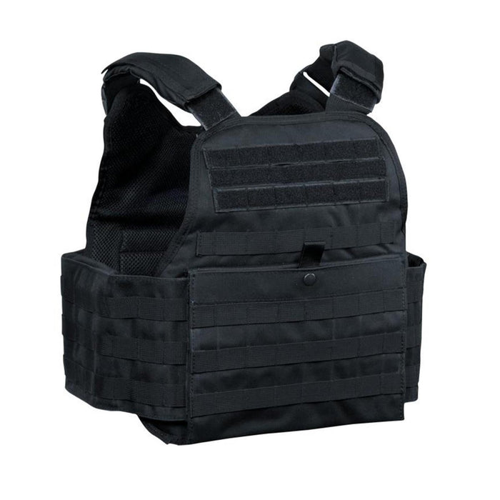 Gilet tattico nero MIL-TEC portapiatti con cinghie regolabili e fettuccia MOLLE per uso militare o delle forze dell'ordine.