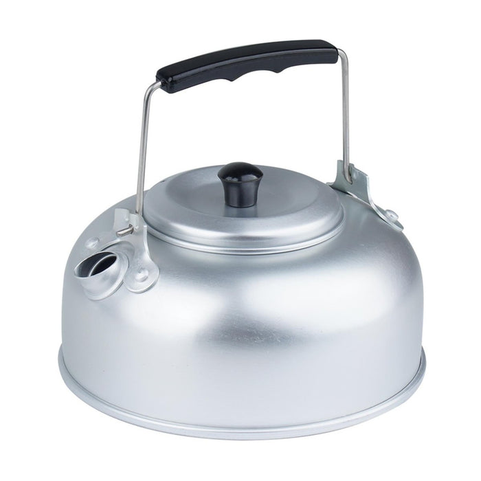 Bouilloire de camping légère en aluminium de 800 ml avec poignée et bec noirs pour préparer du thé en plein air et chauffer de l'eau chaude.