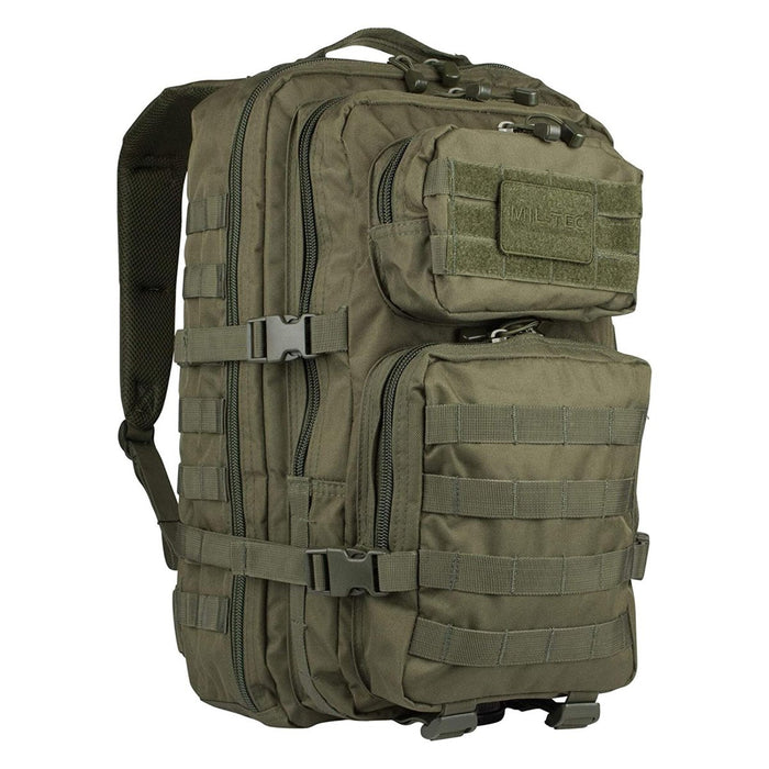 Zaino d'assalto MIL-TEC U.S. verde oliva da 36 litri con scomparti multipli, attacchi MOLLE e spallacci imbottiti per l'escursionismo.