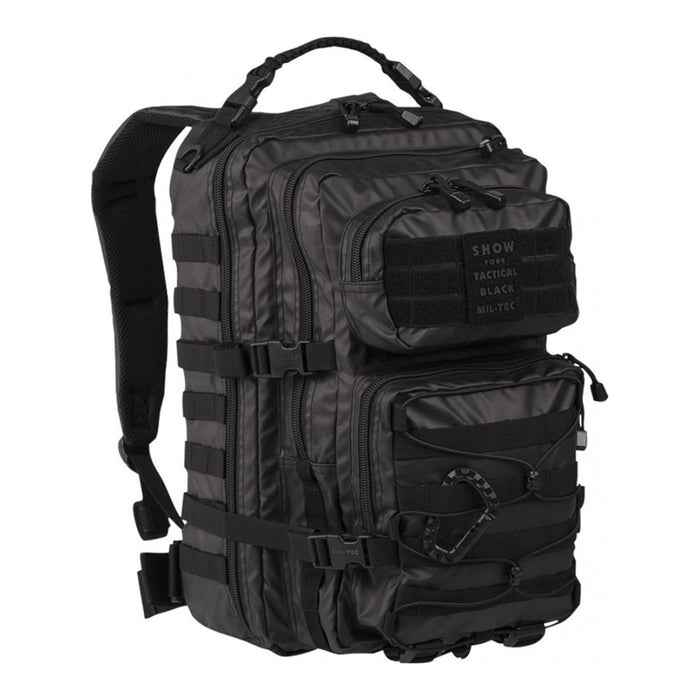 Schwarzer taktischer MIL-TEC U.S. Assault Ranger Rucksack mit mehreren Fächern und gepolsterten Trägern, 36 Liter Fassungsvermögen, PVC-beschichtet.