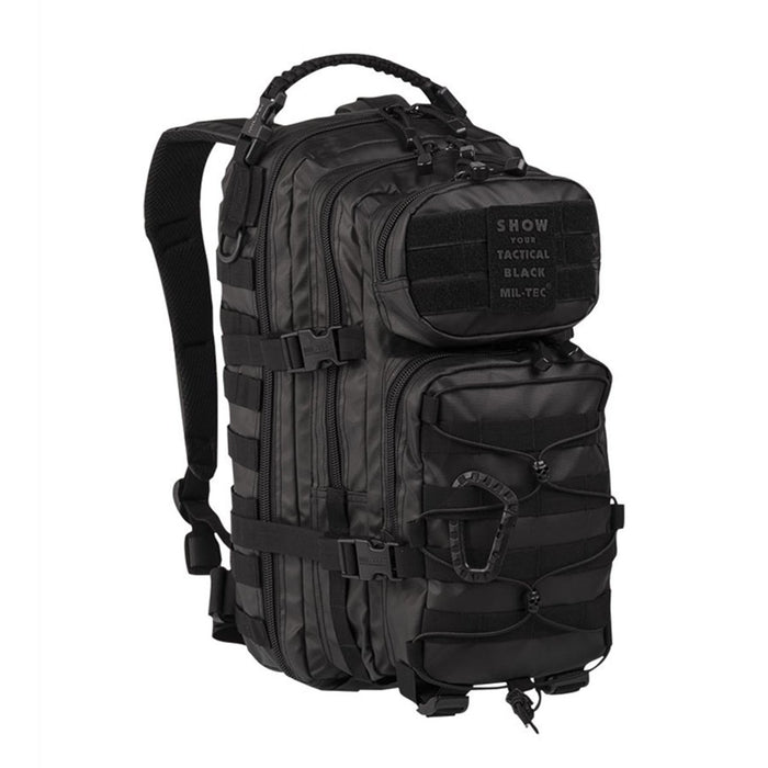 Schwarzer MIL-TEC U.S. Assault taktischer Rucksack 20L mit mehreren Fächern und verstellbaren gepolsterten Trägern zum Wandern und Camping.