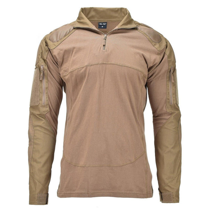 Camicia da combattimento tattica Mil-Tec in stile militare in coyote scuro con spalle imbottite e tasche sulle braccia con cerniera.