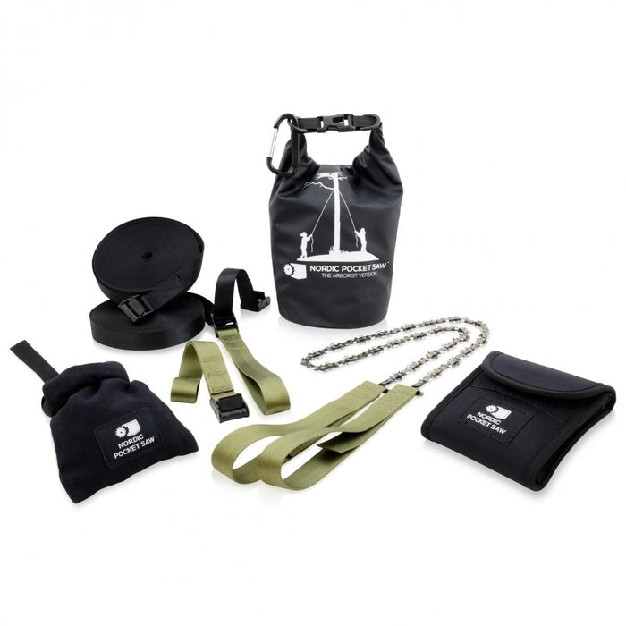 Nordic Pocket Saw Camping-Handkettensägen-Set mit Nylonkoffer, Riemen und langlebiger, wärmebehandelter Stahlkette für den Einsatz im Freien.