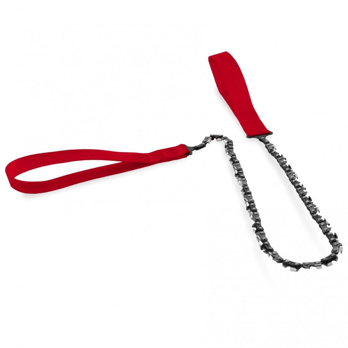 Kompakte nordische Taschensäge mit robuster, wärmebehandelter Stahlkette und roten Nylongriffen für tragbare Holzfällereien im Freien.