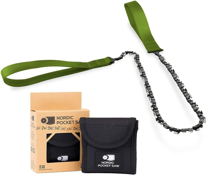 Kompakte Handkettensäge Nordic Pocket Saw mit grünen Nylongriffen und schwarzem Tragekoffer mit Verpackungsbox