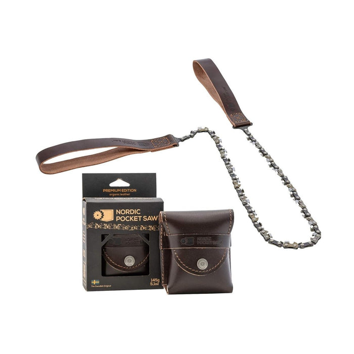 Nordische Taschensäge mit handgefertigten Griffen und Koffer aus schwedischem Leder, tragbare Kettensäge aus Karbonstahl für den Außenbereich.