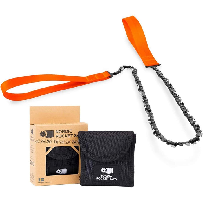 Tragbare nordische Taschensäge mit orangefarbenen Griffen, Kette aus Kohlenstoffstahl und schwarzem Nylonkoffer für Wander- und Überlebensaufgaben
