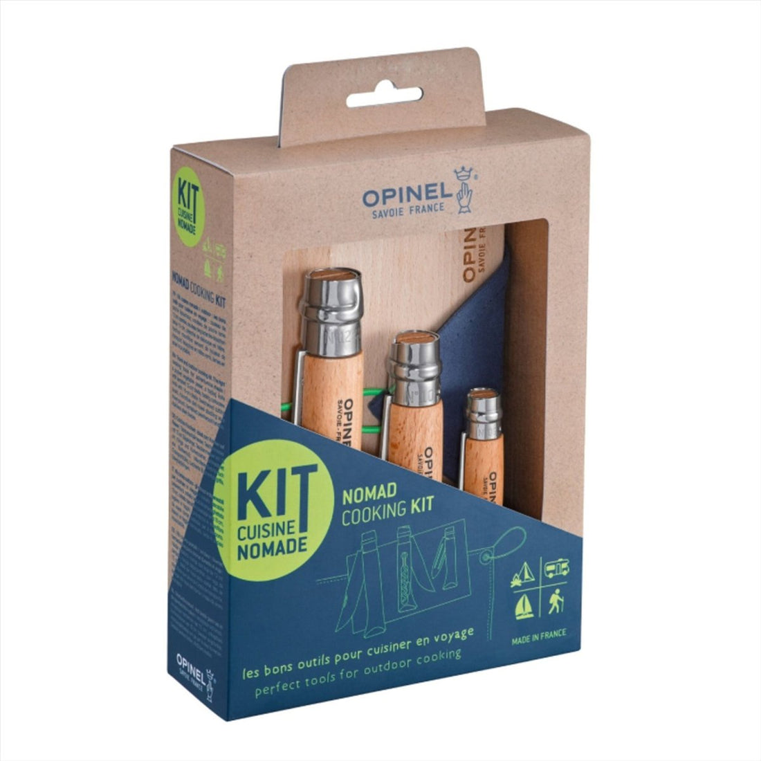 Opinel Nomand Set de Cuisine Extérieur 5 Pièces Couteau Planche Serviette Kit de Voyage Bleu
