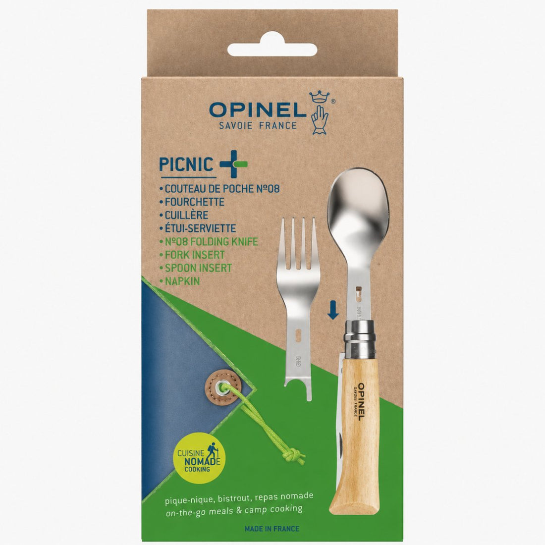 Opinel Picnic+ N°08 Set Posate Coltello Pieghevole Cucchiaio Forchetta Camping Faggio