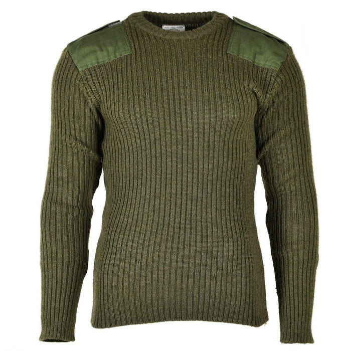 Originaler Kommandopullover aus olivgrüner Wolle der belgischen Armee mit verstärkten Schultern, Rippstrick und strapazierfähigem Design.