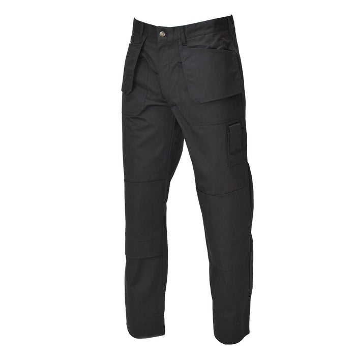 Schwarze belgische Arbeits-Cargohose mit verstärkten Knien und mehreren Taschen, entworfen für Haltbarkeit und Komfort.