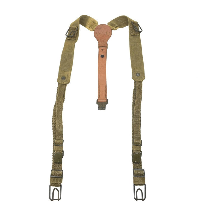 Bretelle Y-Strap originali dell'esercito ceco realizzate in resistente tela verde oliva con rinforzi in pelle per uso militare.