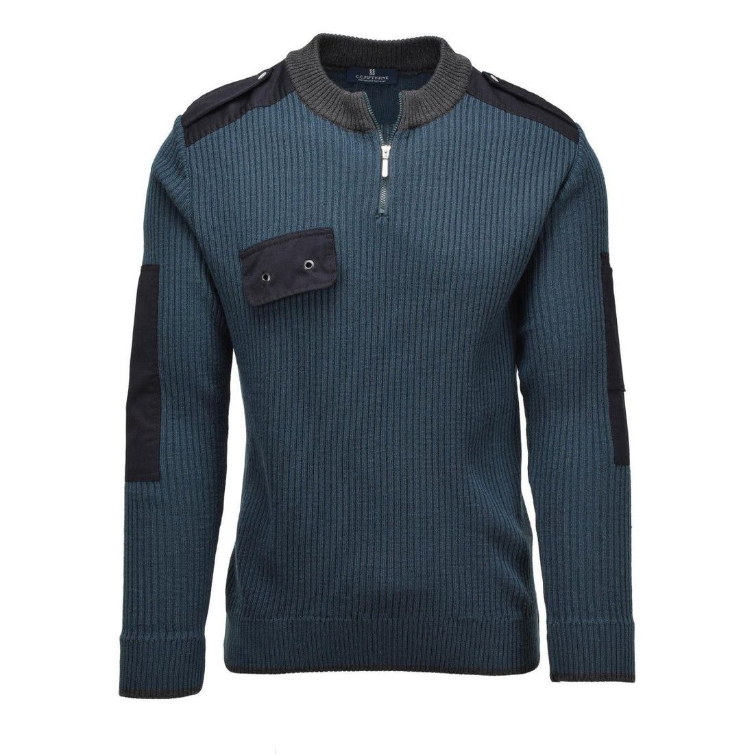 Original niederländischer Armee-Rippstrickpullover, Viertelreißverschluss, verstärkte Ellbogen, Petrolgrün
