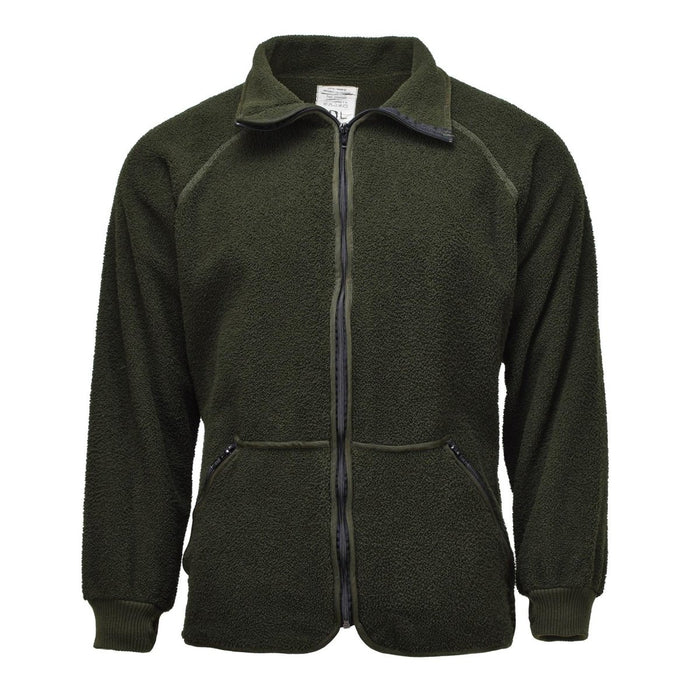 Olivgrüne holländische Militär-Fleecejacke mit durchgehendem Reißverschluss, Stehkragen, elastischen Bündchen und warmem, weichem Thermostoff.