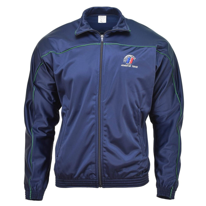 Giacca sportiva originale della tuta blu militare francese con zip intera, polsini elastici e tessuto leggero traspirante.
