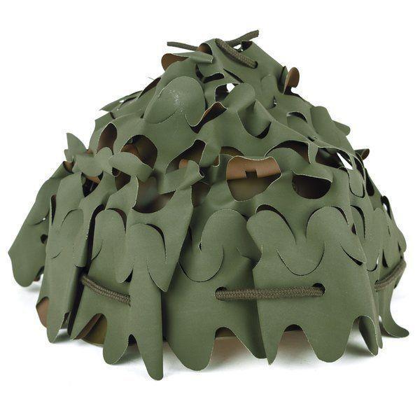 Housse de camouflage originale pour casque militaire français en marron olive avec cordon réglable et clips métalliques pour un ajustement sécurisé.