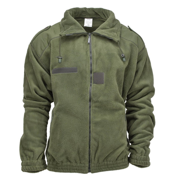 Original französische Militär-Fleecejacke in Olivgrün mit Stehkragen, verstärkten Ellbogen und verstellbarem Kragen für Wärme im Freien.