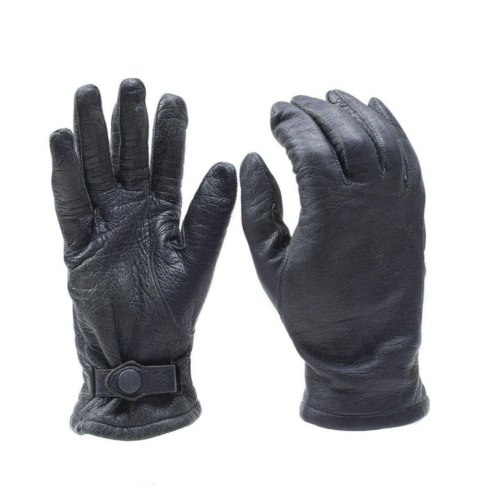 Guanti militari tedeschi in pelle nera con cinturino da polso regolabile, resistenti e progettati per uso e stile all'aperto.