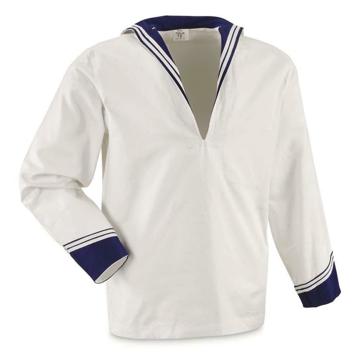 Camicia bianca middy della marina italiana con maniche lunghe e tradizionale colletto alla marinara in blu navy