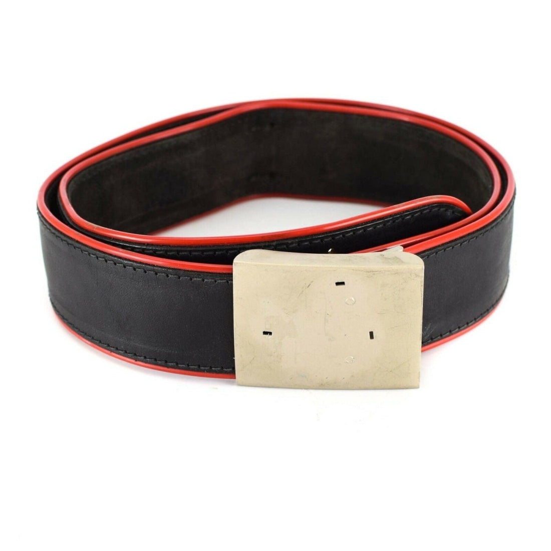Original Italian Military Leather Parade Belt Metal Buckle Black Red Trim