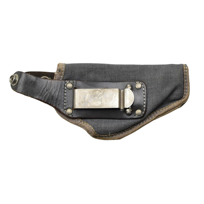 Étui à pistolet en nylon militaire italien original gris avec fermeture à bouton-pression et clip de ceinture en métal.