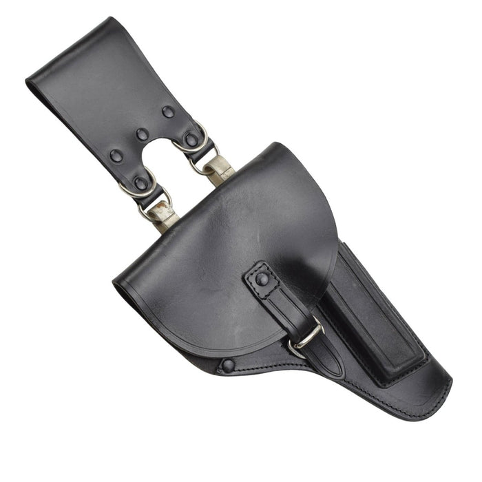 Authentique étui à pistolet en cuir noir militaire italien avec fermeture à boucle et passants de ceinture en métal, design pour droitier.
