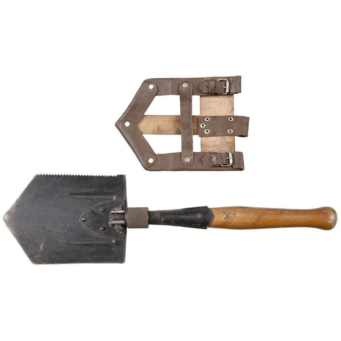Original faltbare gezackte Schaufel der rumänischen Armee mit Holzgriff und Ledertragescheide für Outdoor-Überlebensaufgaben