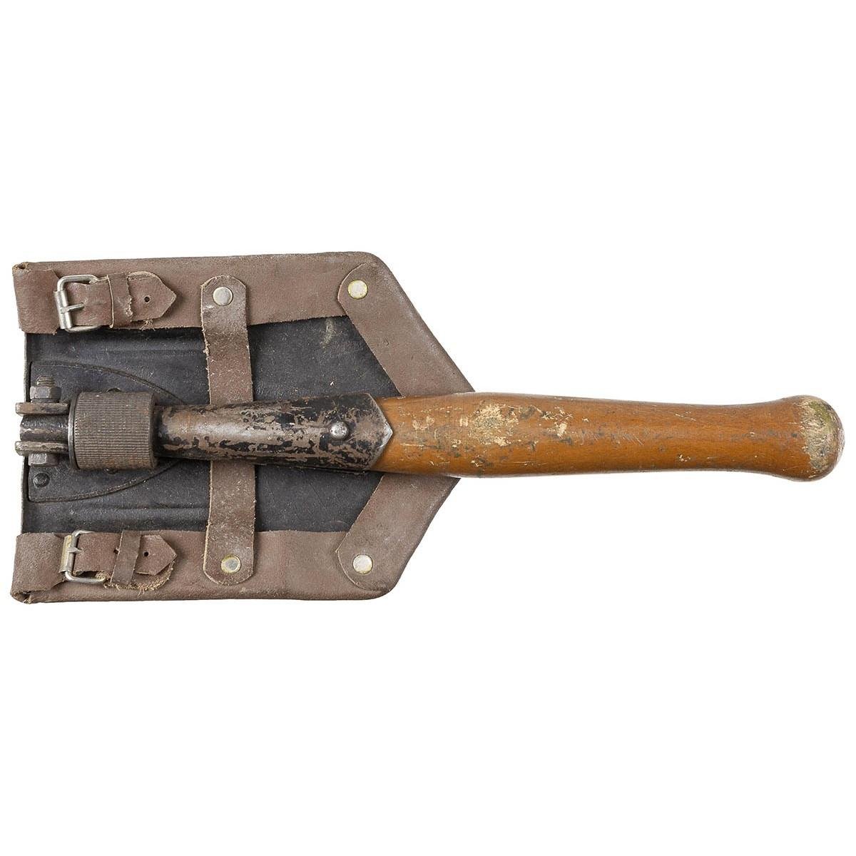 Original rumänische Armee faltbare gezackte Schaufel Holzgriff Lederscheide