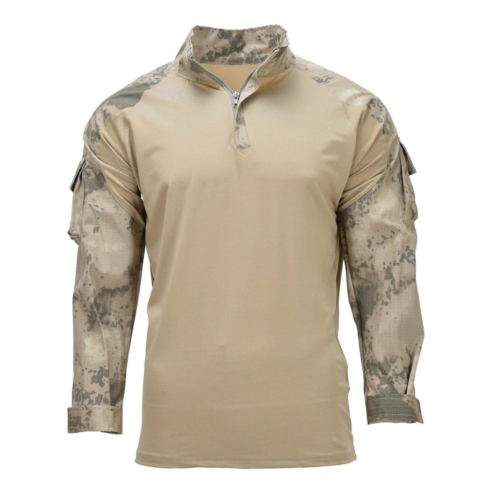 Camicia da combattimento tattica militare originale turca con busto traspirante marrone chiaro e maniche lunghe mimetiche, colletto con cerniera e tasche sulle braccia