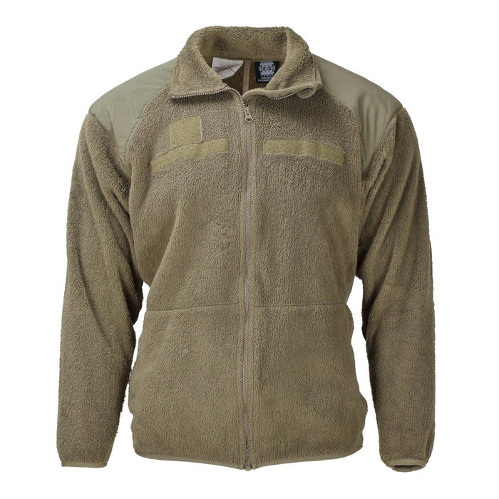 Originale taktische Kaltwetter-Fleecejacke der US-Armee in Oliv mit verstärkten Schultern und durchgehendem Frontreißverschluss.