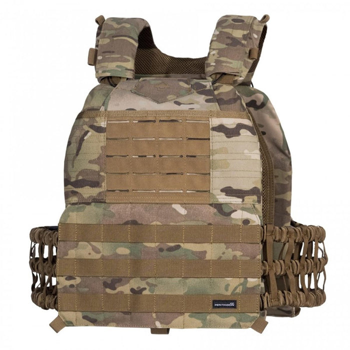 Front view of PENTAGON Milon Plate Carrier Mk2 multicam camouflage, tactical ballistic vest Molle system - GoMilitar