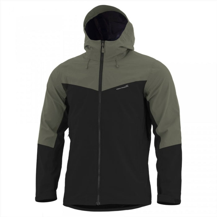 Giacca softshell leggera Pentagon Monlite WP in oliva e nero, impermeabile e antivento con cappuccio per uso esterno