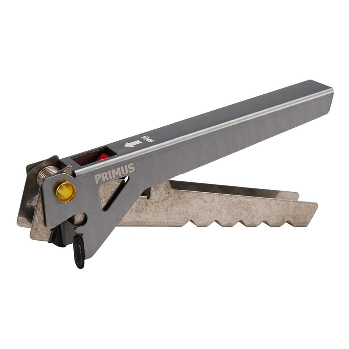 Pince à sertir Primus avec poignée fixe en aluminium et poignée en acier inoxydable pour une cuisine extérieure en toute sécurité.