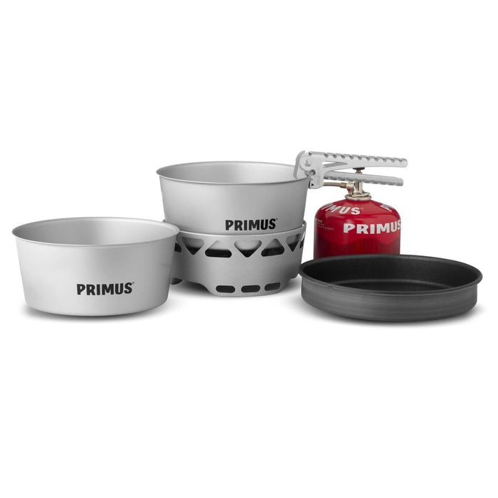 Primus Essential Herdset mit 2,3-Liter-Topf, Pfanne und rotem Brennstoffkanister zum Wandern und Campingkochen im Freien