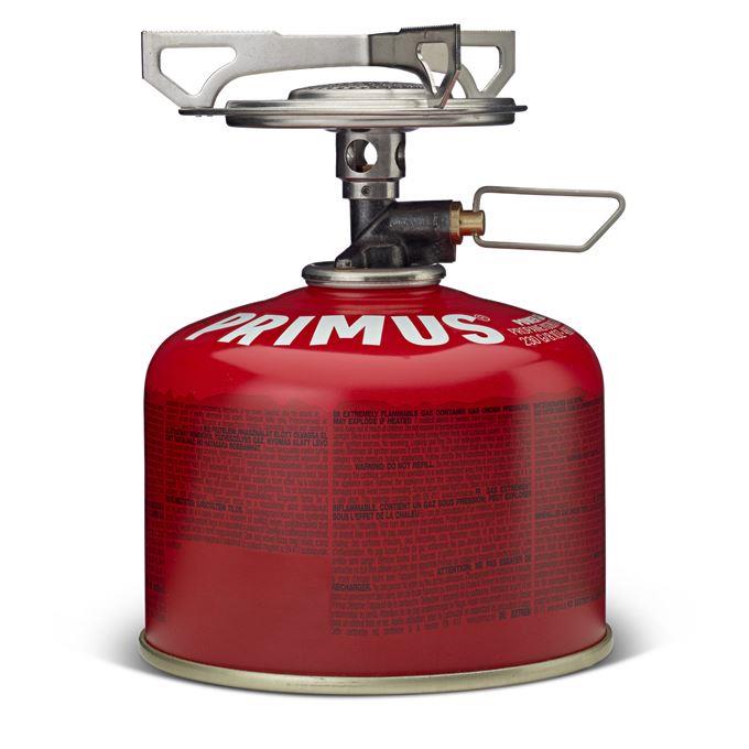 Compact Primus Essential Trail Stove with butane gas canister for reliable outdoor camping cooking and precise flame control.