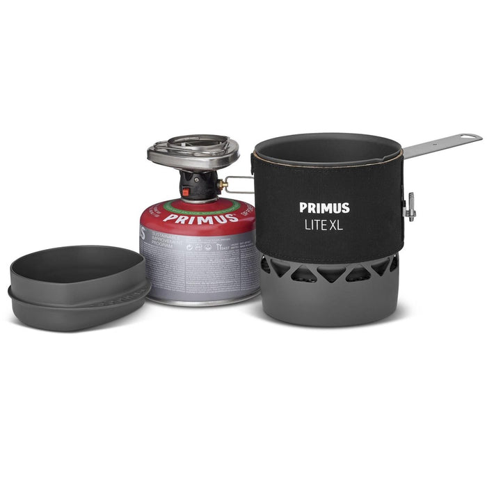 Primus Lite XL Camping-Kochset mit 1-Liter-Topf, leichtem Brenner und tragbarem Brennstoffkanister für Mahlzeiten im Freien.