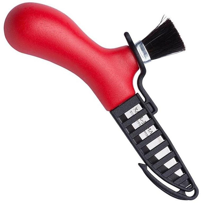 Couteau suédois pour cueillir des champignons avec manche ergonomique rouge, lame en acier inoxydable et brosse de nettoyage en crin véritable.