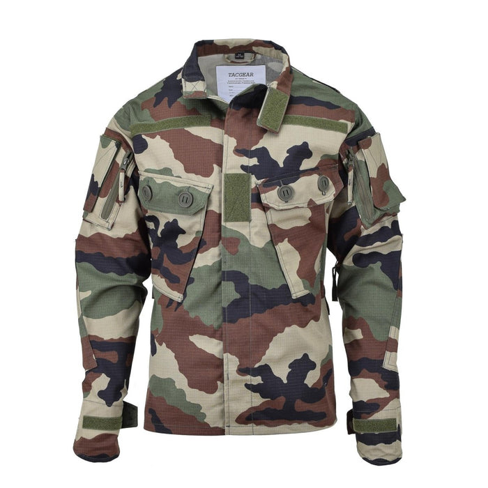 TACGEAR Kommandojacke im französischen Militärstil im Waldtarnmuster mit mehreren Taschen und verstärkten Ellbogen für Strapazierfähigkeit