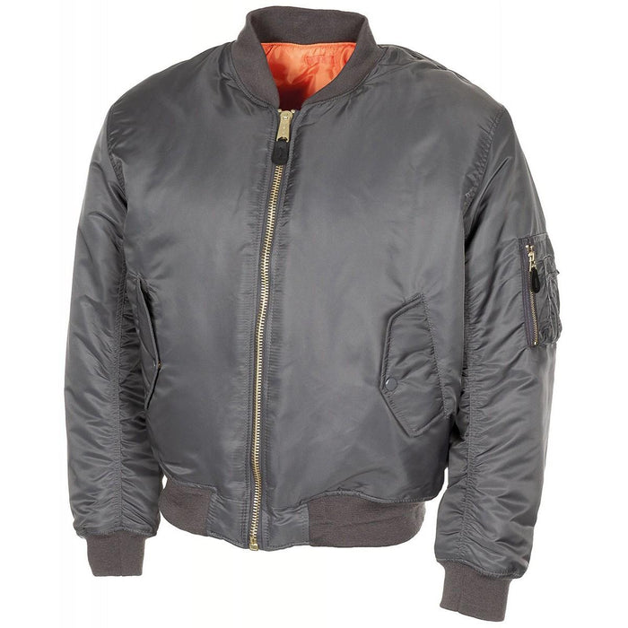 Bomber MA1 in stile US Army in grigio urbano con cerniere dorate, fodera arancione, polsini a coste e tasche.