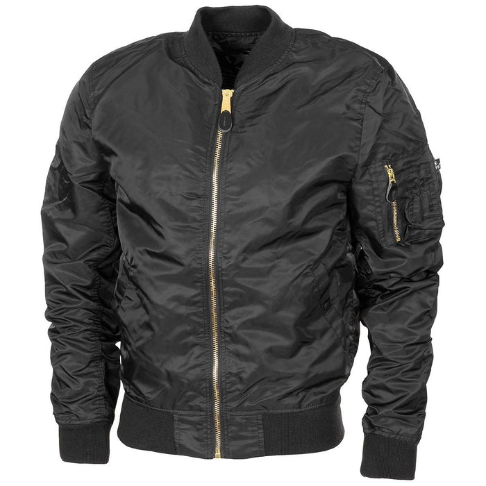 Bomber nero US Air Force MA1 con cerniera dorata, polsini, cintura a costine e tasche multiple per una vestibilità antivento.