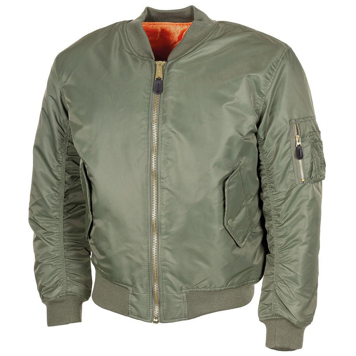 Bomber MA1 verde oliva in stile militare americano con tessuto caldo e antivento, polsini elastici e tasche multiple.